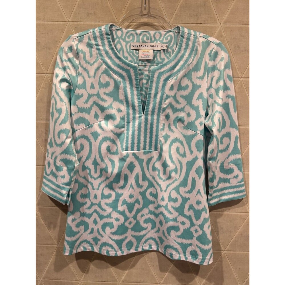 Gretchen Scott Jersey Split Tunic Top Arabesque Aqua Blue Size S Preppy